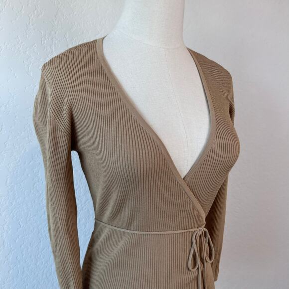 Vintage 90s Y2K Beige Wrap Top Size PS V Neck Ribbed 3/4 Sleeve - Picture 5 of 11